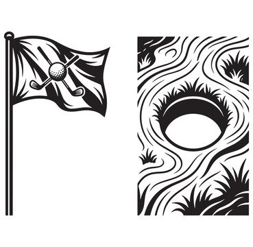 Golf flag and ball with crossed clubs on white background