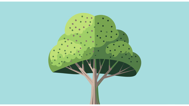 Stylized green tree with a large canopy and visible branches against a light blue background, flat design