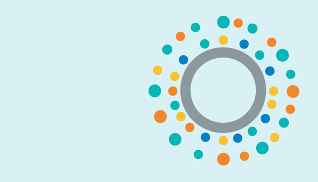 Abstract circular pattern of colorful dots and rings on a light blue background, representing connection and diversity