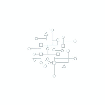 Abstract digital network of geometric shapes, nodes, and lines on a white background, representing technology and data flow.