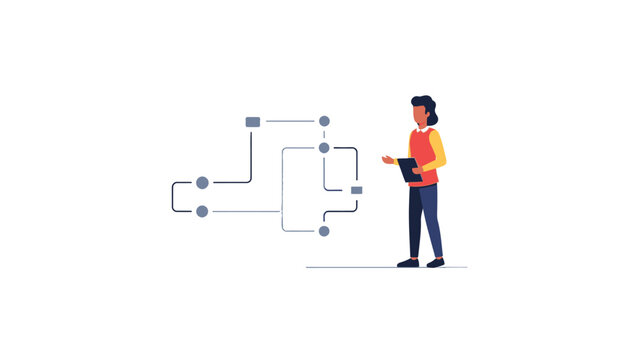 Person standing next to a flowchart, illustrating a business process or strategy on a white background