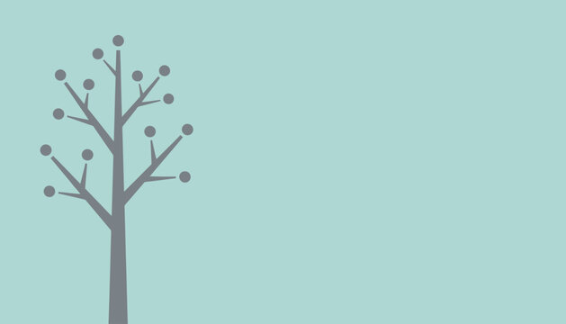 Minimalist grey tree silhouette with dots on branches against a soft blue background, clean design