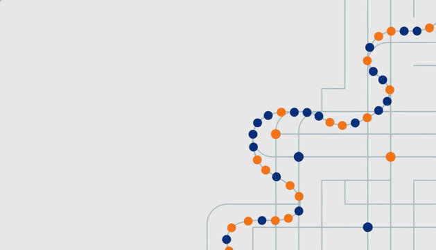 Abstract subway map with blue and orange dots representing stations on a light gray background