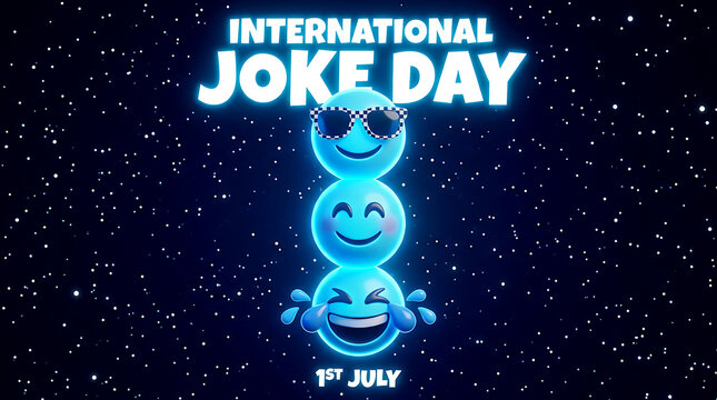 International Joke Day  July background with stacked glowing blue emoji faces laughing and wearing sunglasses on starry night sky for celebration banner concept