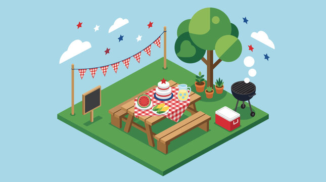 Festive isometric summer picnic scene with a checkered table, delicious food, barbecue grill, and charming decorations, perfect for an outdoor gathering or holiday celebration