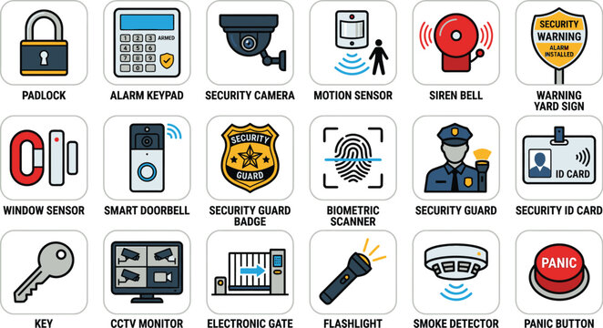Collection of color security and protection system icons with security protection surveillance monitoring business technology identification biometric doorbell flashlight detector perimeter