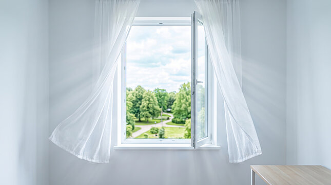 Inviting fresh air through a wide open window where sheer white curtains dance in the light breeze overlooking a lush green park for emotional renewal.