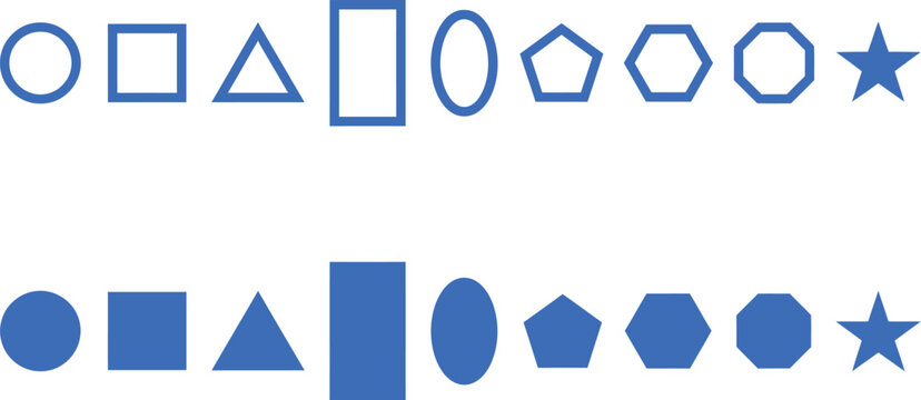 Collection of geometric shapes and forms in blue outline and solid fill with two dimensional geometric geometry triangle rectangle pentagon education collection elements abstract template