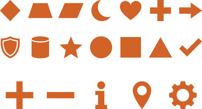 Orange icons collection for web user interface and signs with interface navigation elements collection triangle location information cylinder parallelogram application template