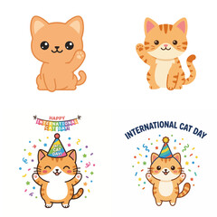 Fototapeta premium Set of cute cartoon ginger cats celebrating International Cat Day with party hats and confetti.