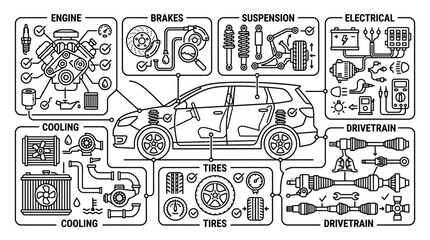 Obraz premium Industrial Black and White Diagram of Car Maintenance Components and Systems Breakdown with high quality professional line art symbols for modern creative design and digital branding projects