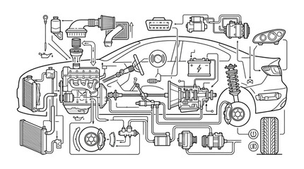 Obraz premium Elegant Black and White Line Drawing of a Car Engine and Mechanical Systems with Detailed Components and Flow