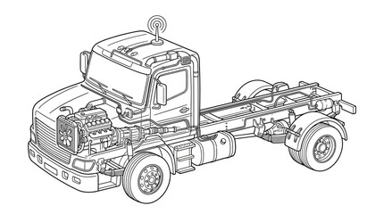 Clean Black and White Line Drawing of a Detailed Truck Chassis and Engine Cutout View with high quality professional line art symbols for modern creative design and digital branding projects © aflahul
