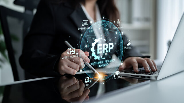 ERP platform visual showing centralized system for enterprise resource planning, improving integration, data flow, business efficiency, finance, inventory, and human resources. Spline