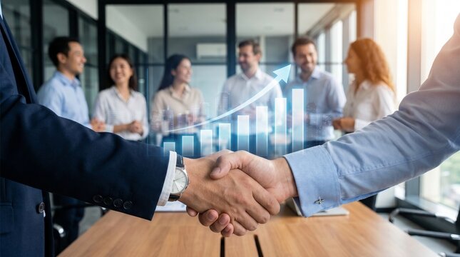 Business deal handshake between executives in modern office, corporate success concept featuring strategic alliance, teamwork, negotiation and professional partnership