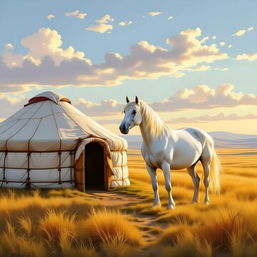 white horse standing by a traditional nomadic yurt