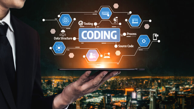A professional developer holding a tablet showcases a modern coding concept. Digital elements highlight software process, data structure, and project testing against a vibrant city skyline. Tessel