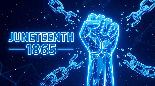 Juneteenth 1865 Emancipation Day background with glowing wireframe raised fist breaking chains for African American freedom and independence concept