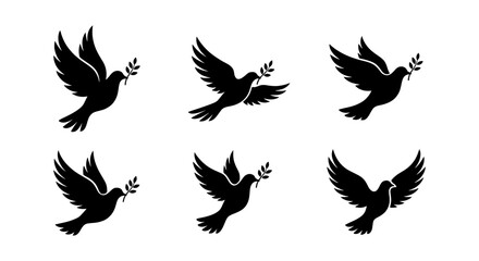 Fototapeta premium Peace Dove Icons, Flying Bird Silhouettes with Olive Branch, Vector Graphics