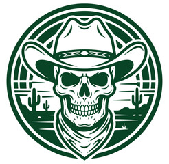 Fototapeta premium Green skull wearing cowboy hat and bandana in desert landscape circle