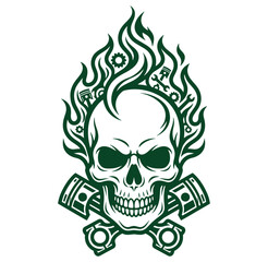 Fototapeta premium Green skull with flames and engine parts crossed bones tattoo design