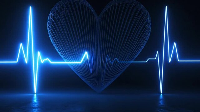 Blue glowing wireframe heart with an electrocardiogram heartbeat line