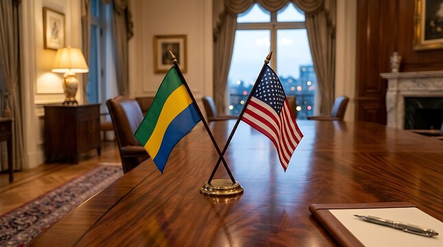 United States and Gabon Flags on a Wooden Table in a Formal Diplomatic Meeting Room Setting