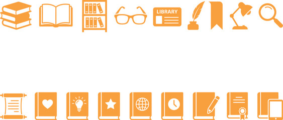 Set of orange educational and library icons for academic projects with education academic learning university knowledge research literary bookcase magnifying certificate literature textbook © icon sos