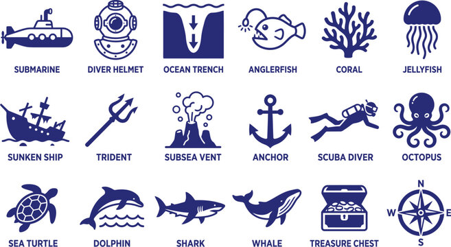 Collection of blue nautical and deep sea marine icons with nautical underwater submarine anglerfish jellyfish treasure navigation exploration wildlife collection seafaring adventure