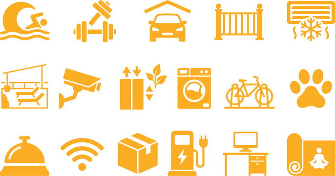 Set of modern orange lifestyle and home convenience icons with lifestyle convenience security delivery computer technology exercise conditioning surveillance elevator internet connectivity