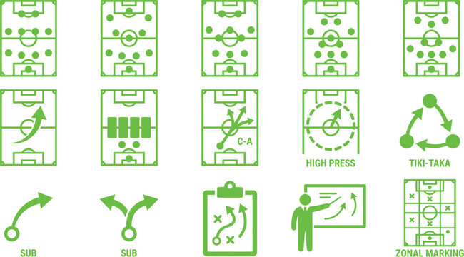 Soccer football tactical diagrams and field strategy training icons with football diagrams strategy coaching training formations movement playbook analysis positioning planning sessions