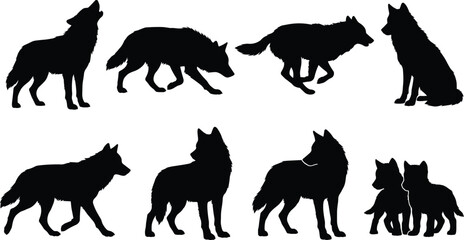 Set of black wolf silhouettes in various poses including howling, running, standing, sitting, and wolf cubs playing.