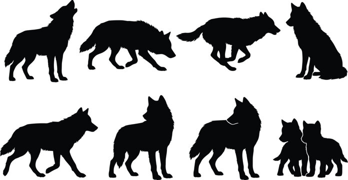 Set of black wolf silhouettes in various poses including howling, running, standing, sitting, and wolf cubs playing.