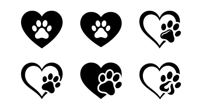 Paw Print Heart Icons, Pet Love Vector Set, Animal Care Graphics