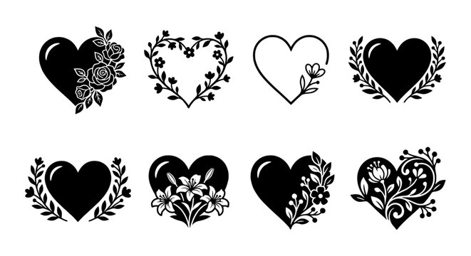 Floral Heart Vector Icons, Romantic Love Emblems, Decorative Valentine Elements