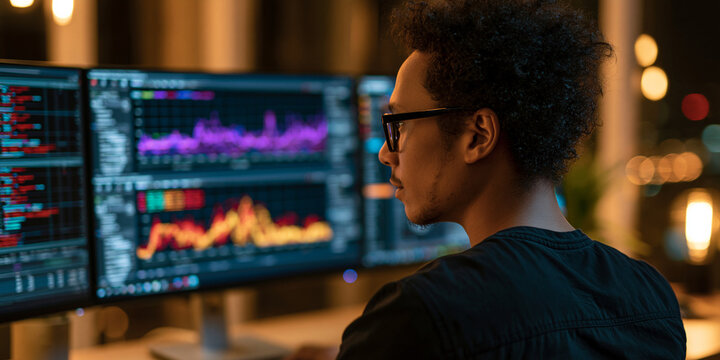 AI engineer monitoring server performance dashboard, monitor screen showing analytics