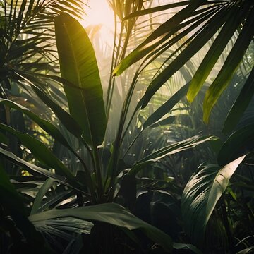 warm tropical sunlight through leaves, soft earthy tones, minimal composition, large empty center space for text, festive nature atmosphere