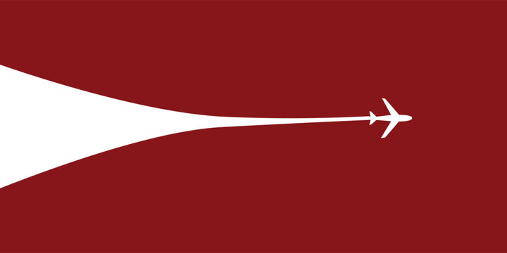 Conceptual Minimalist Vector Illustration of Airplane with White Jet Stream Contrail on Dark Red Maroon Background