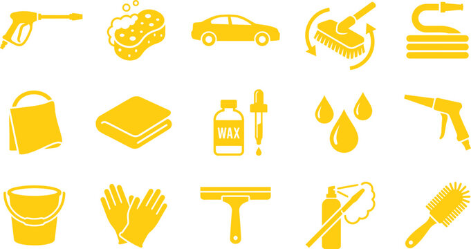 Car wash and auto detailing icon set with detailing cleaning maintenance equipment squeegee transport automotive exterior pressure supplies professional illustration collection