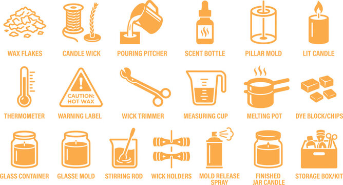 Candle making crafting process icons with homemade supplies thermometer container fragrance production creative workshop instruction business materials lighting crafting creation