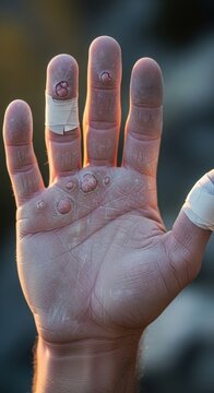 Close up of bandaged hand with visible injuries.