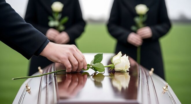 Hand placing white rose on coffin at funeral, grief and remembrance