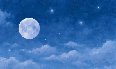Fototapeta premium oil painting of a giant full moon glowing in a deep blue night sky, surrounded by bright stars and soft drifting clouds, rich blue tones, silver moonlight
