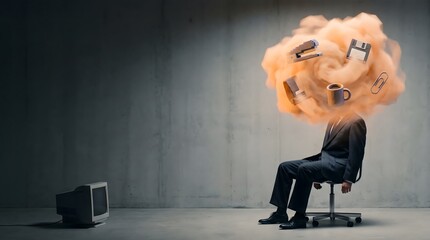 Fototapeta premium Surreal portrait of businessman sitting in chair with office supplies inside head cloud.