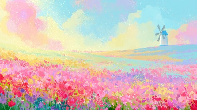 Soft pastel flower field with windmill