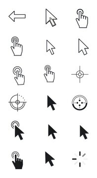 Collection of black cursor and touch icons on white background.