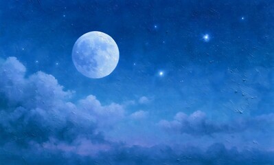 Fototapeta premium oil painting of a giant full moon glowing in a deep blue night sky, surrounded by bright stars and soft drifting clouds, rich blue tones, silver moonlight