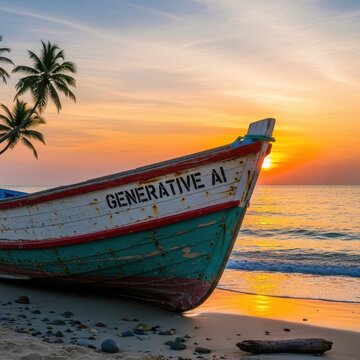 Colorful Boat on Tropical Beach at Sunset with Palm Trees.