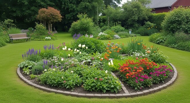 Colorful Circular Garden with Vibrant Flowers and Greenery.