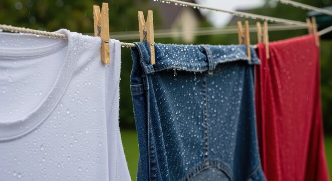 Colorful clothes hanging on outdoor clothesline in garden.